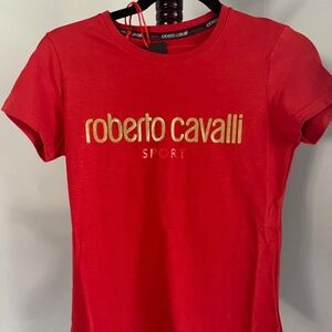 Roberto Cavalli Sport Womens Short Sleeve Tee T Shirt Red Gold Glitter S